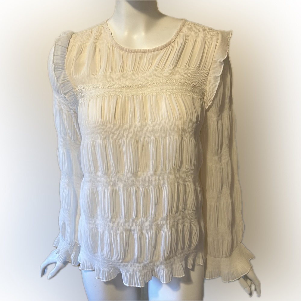 Roolee Long Sleeve Cream Ruffle Blouse with Lace Women's XS‎